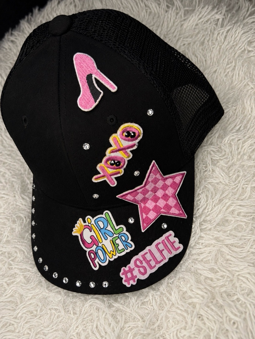 Black Embellished Patch Trucker Hat with Pink Accents - Picture 4 of 4